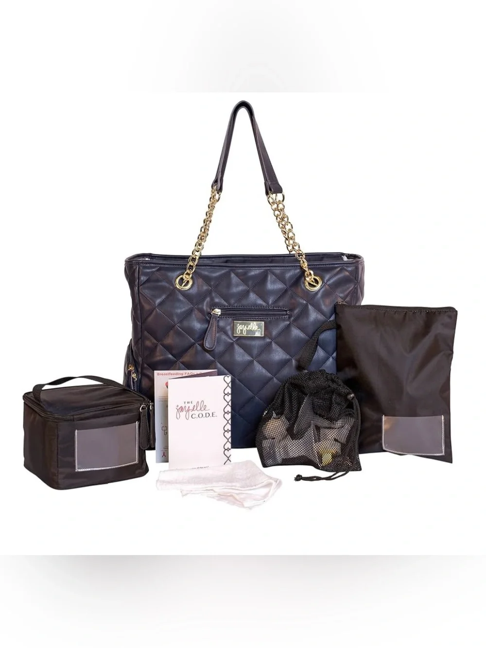 Jay Elle Duchess Quilted Navy Baby Breast Pump Bag w/ Gold Chain | 6-Piece Set